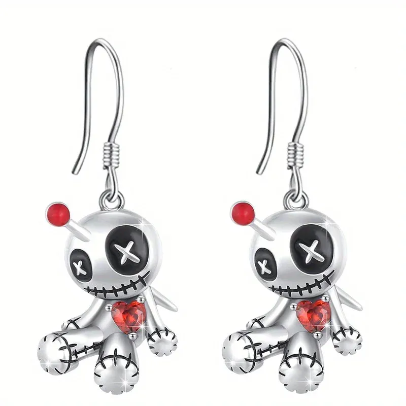 1 Pair Voodoo Doll Red Heart Pendant Earrings - Creative Punk Cartoon Accessories, Halloween Gift