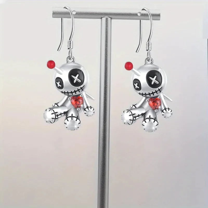 1 Pair Voodoo Doll Red Heart Pendant Earrings - Creative Punk Cartoon Accessories, Halloween Gift
