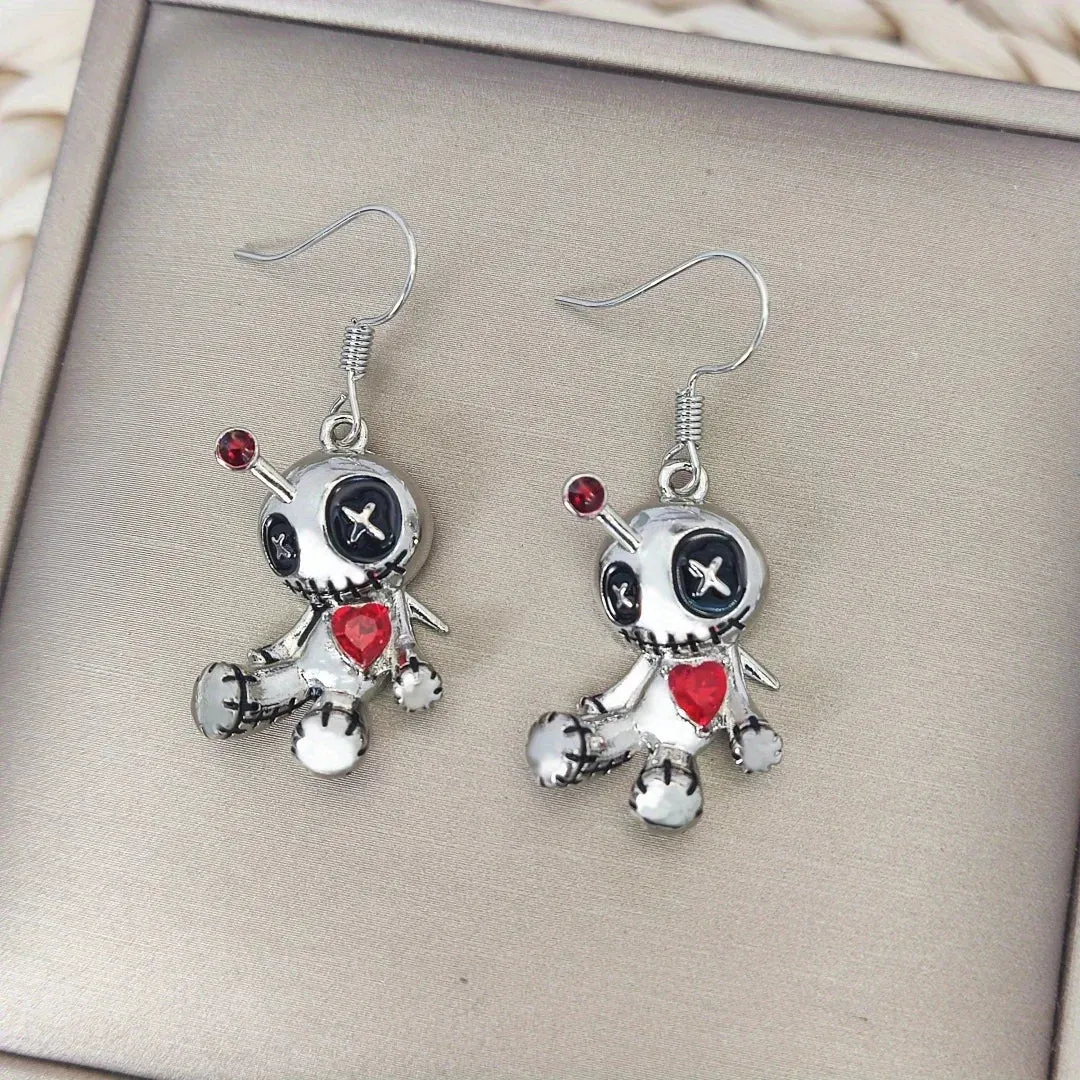 1 Pair Voodoo Doll Red Heart Pendant Earrings - Creative Punk Cartoon Accessories, Halloween Gift