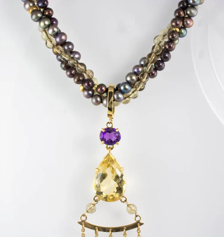 14 Kt Yellow Gold & Multicolor Freshwater Pearl Necklace