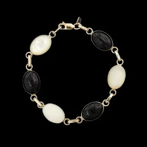 14K Yellow Gold Estate Mother of Pearl and Onyx Scarab Bracelet