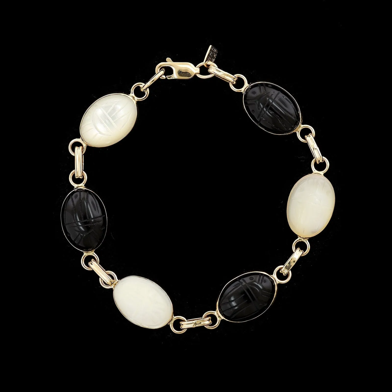 14K Yellow Gold Estate Mother of Pearl and Onyx Scarab Bracelet