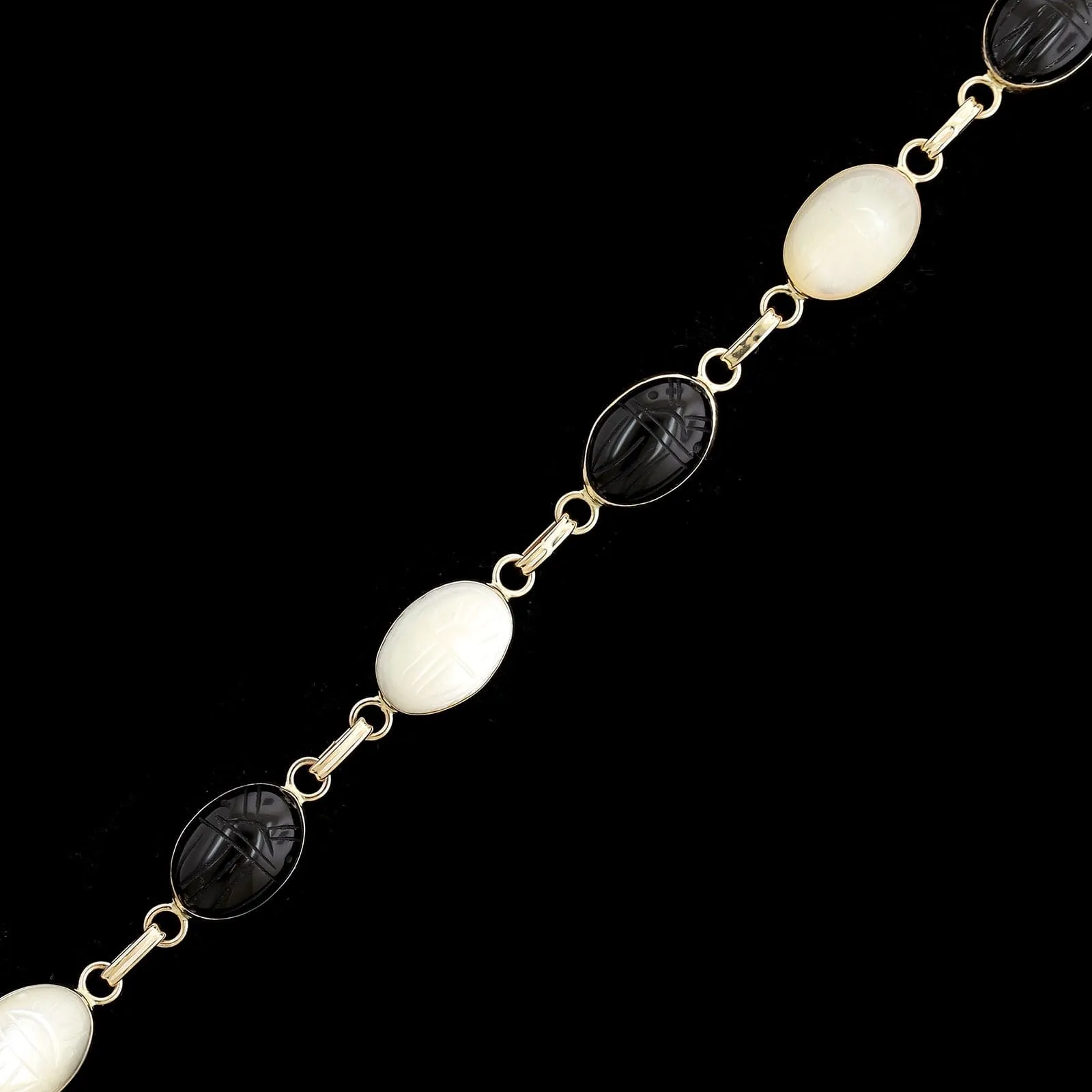 14K Yellow Gold Estate Mother of Pearl and Onyx Scarab Bracelet