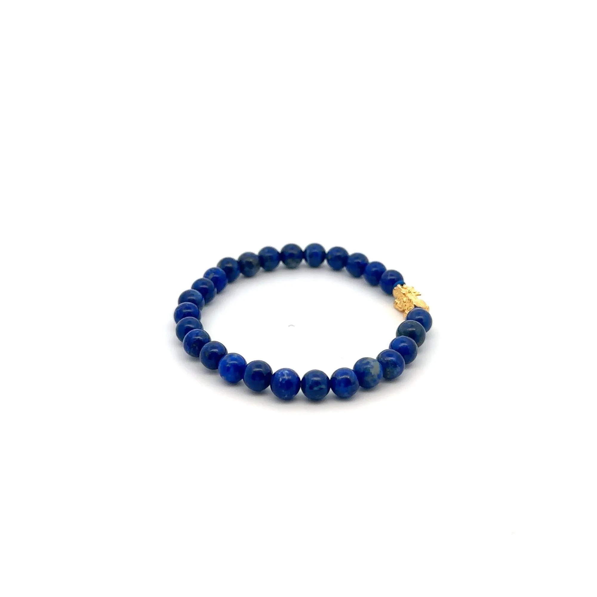 18K Gold Pixiu Piyao Lucky Charm Bracelet Natural Lapiz Lazuli Gemstones 6mm