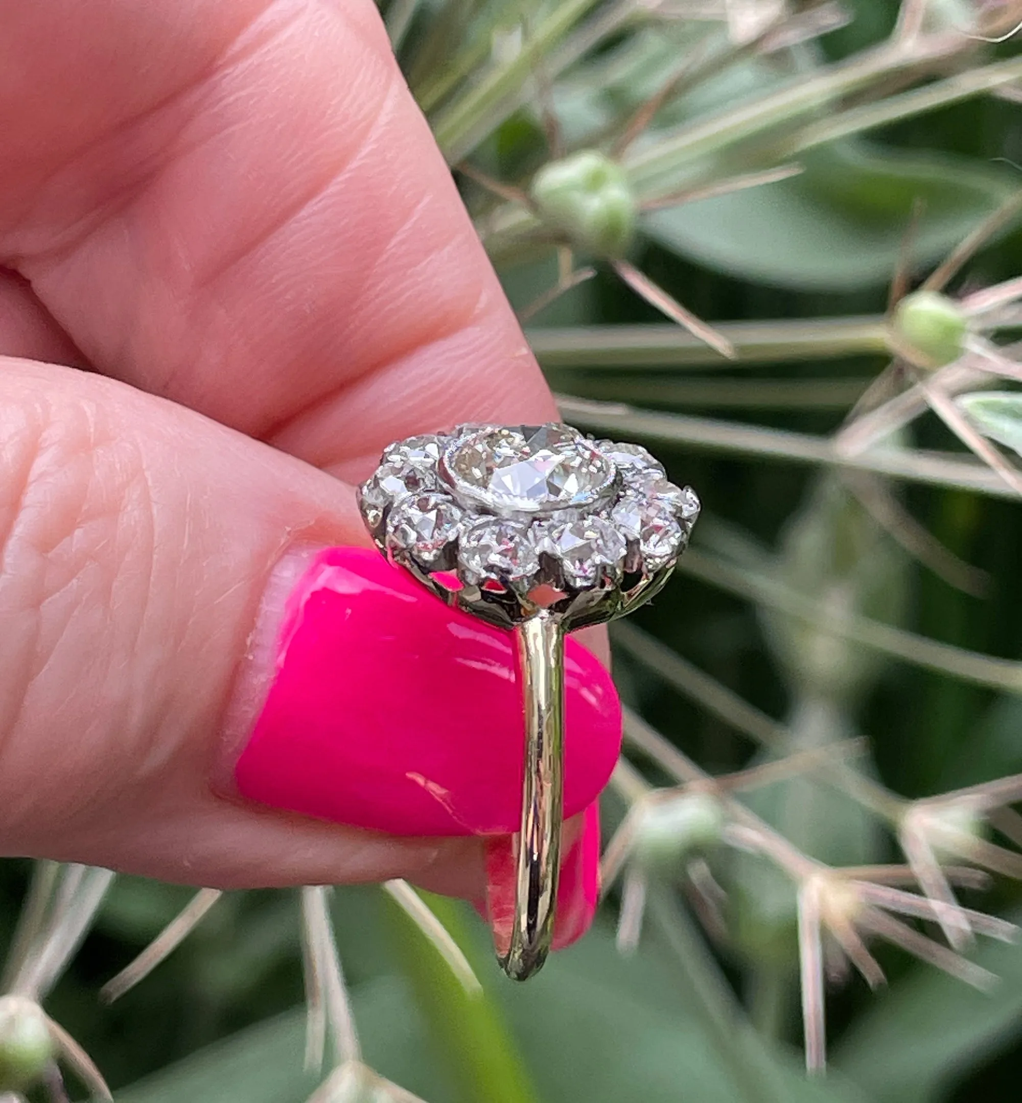 1900s GIA 2.58ctw Antique Edwardian OLD EUROPEAN Diamond Cocktail Cluster 18K Gold Platinum Ring