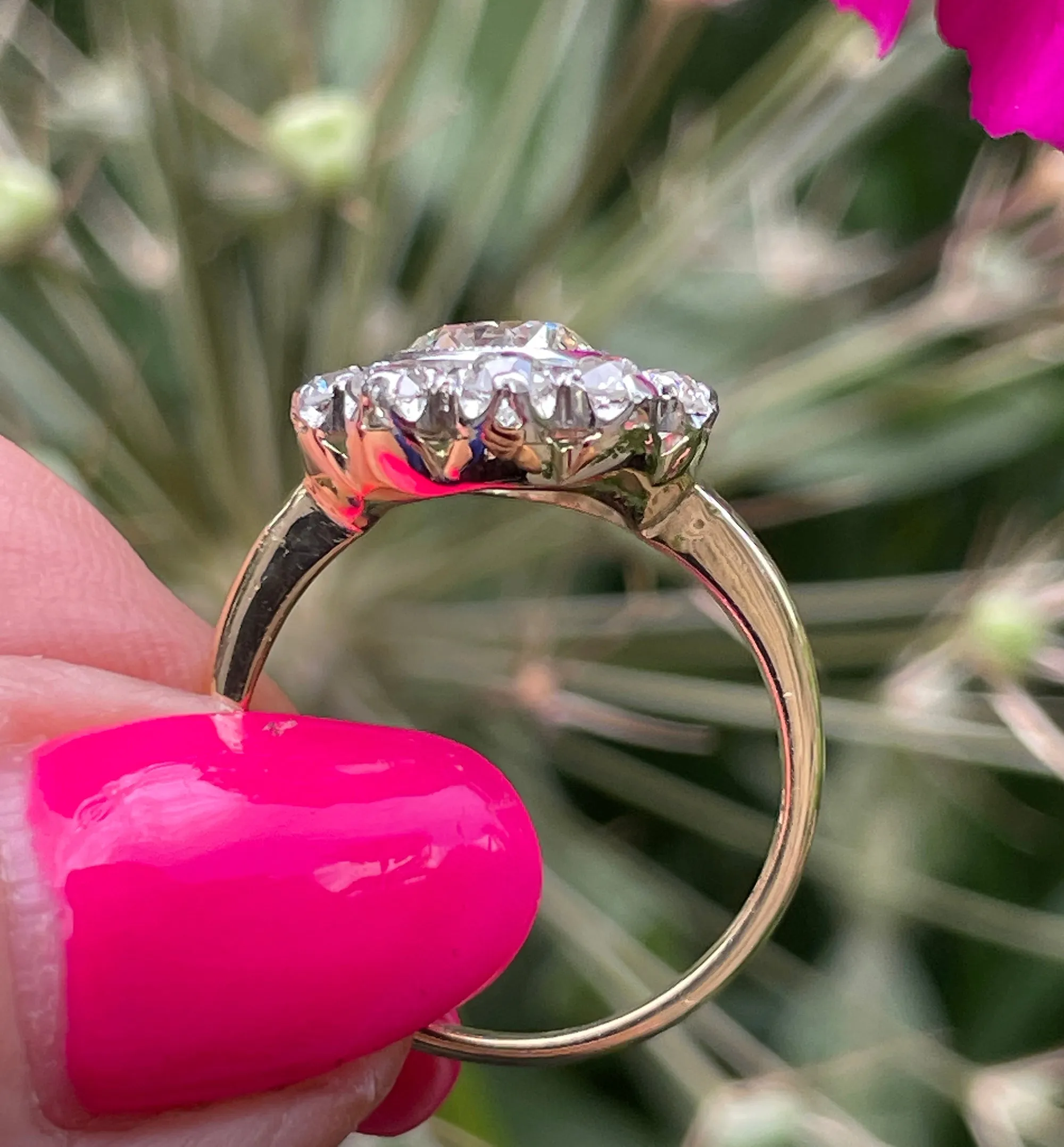 1900s GIA 2.58ctw Antique Edwardian OLD EUROPEAN Diamond Cocktail Cluster 18K Gold Platinum Ring
