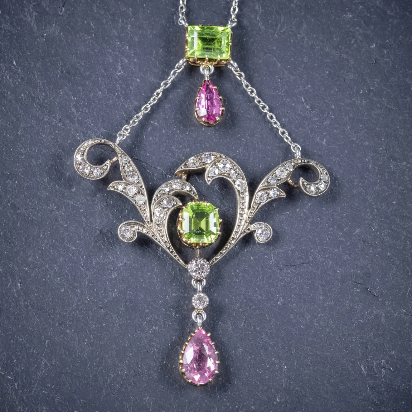 Antique Edwardian Suffragette Pendant Necklace Diamond Peridot Spinel Platinum Circa 1915