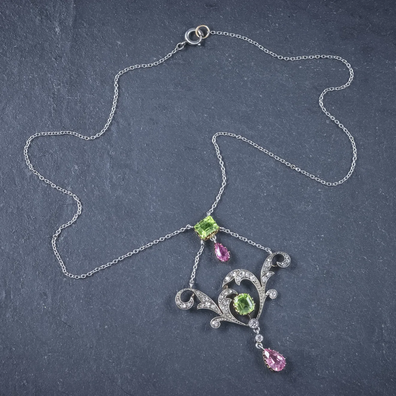 Antique Edwardian Suffragette Pendant Necklace Diamond Peridot Spinel Platinum Circa 1915