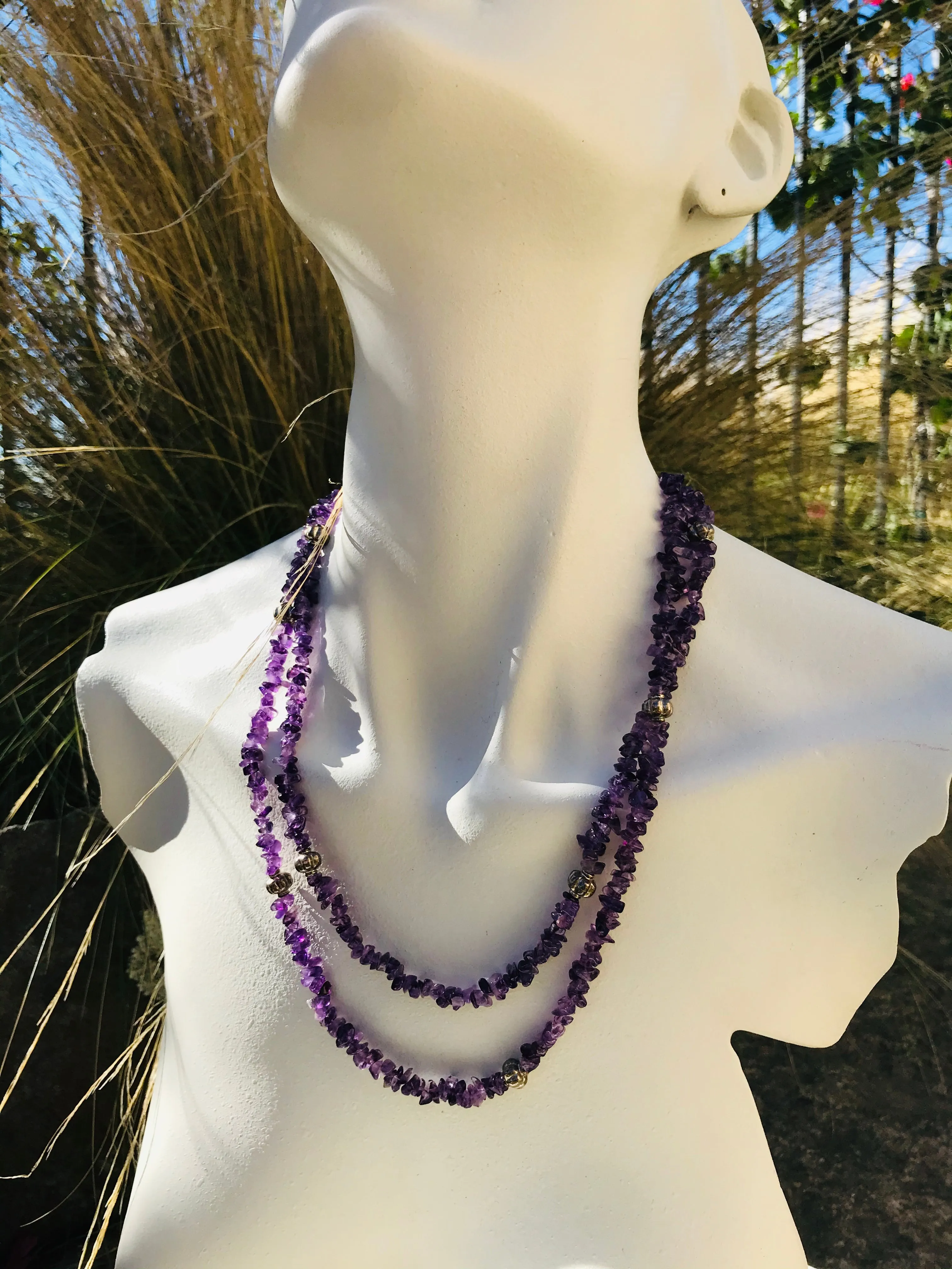 Artisan Handmade Purple Amethyst Gem Stone Silver Beaded Long Necklace
