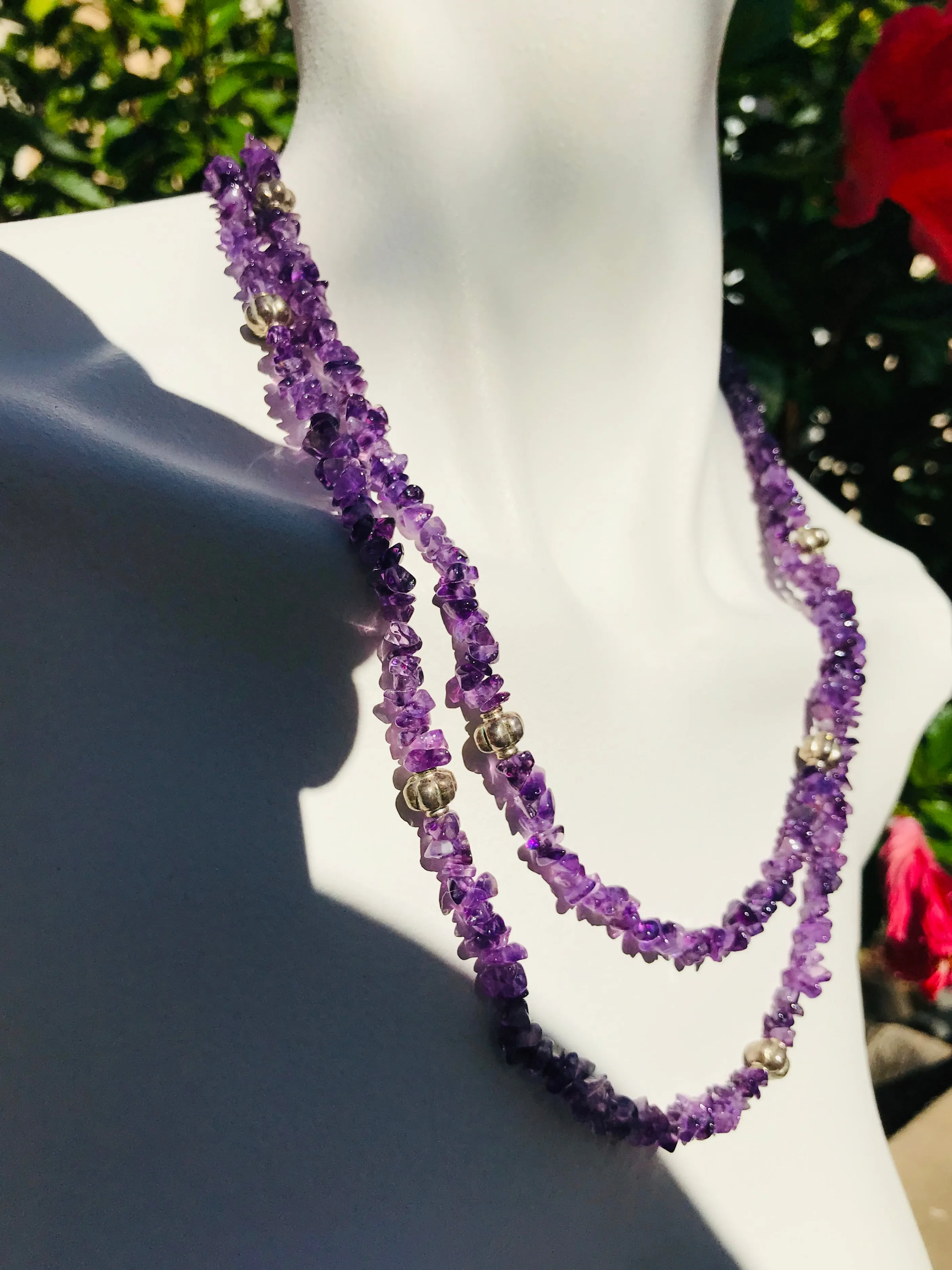 Artisan Handmade Purple Amethyst Gem Stone Silver Beaded Long Necklace