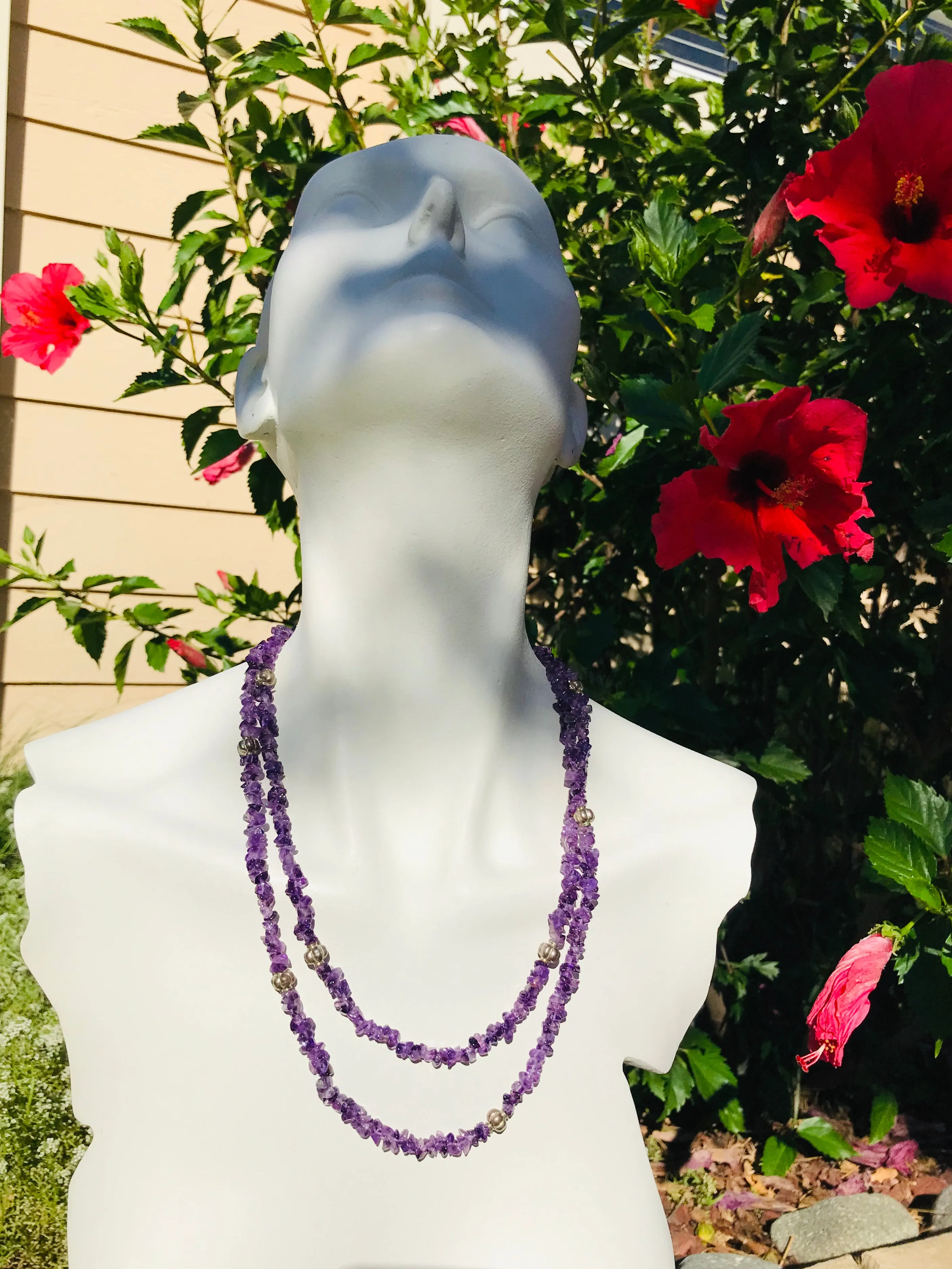 Artisan Handmade Purple Amethyst Gem Stone Silver Beaded Long Necklace