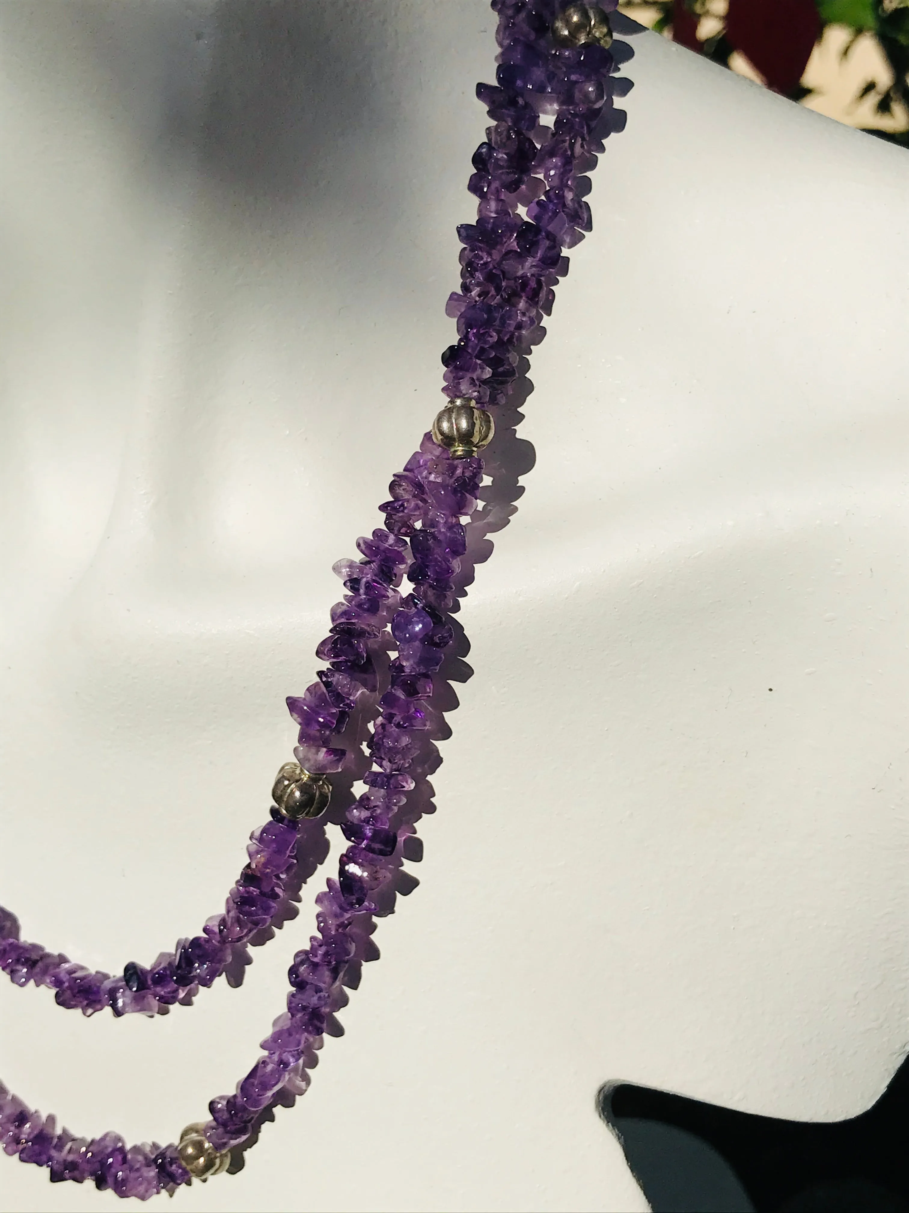 Artisan Handmade Purple Amethyst Gem Stone Silver Beaded Long Necklace
