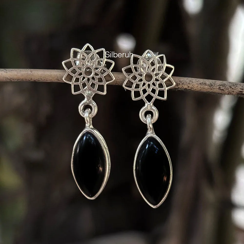 Black Onyx Sahasrara Chakra Silver Earring