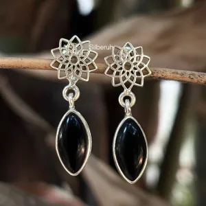 Black Onyx Sahasrara Chakra Silver Earring