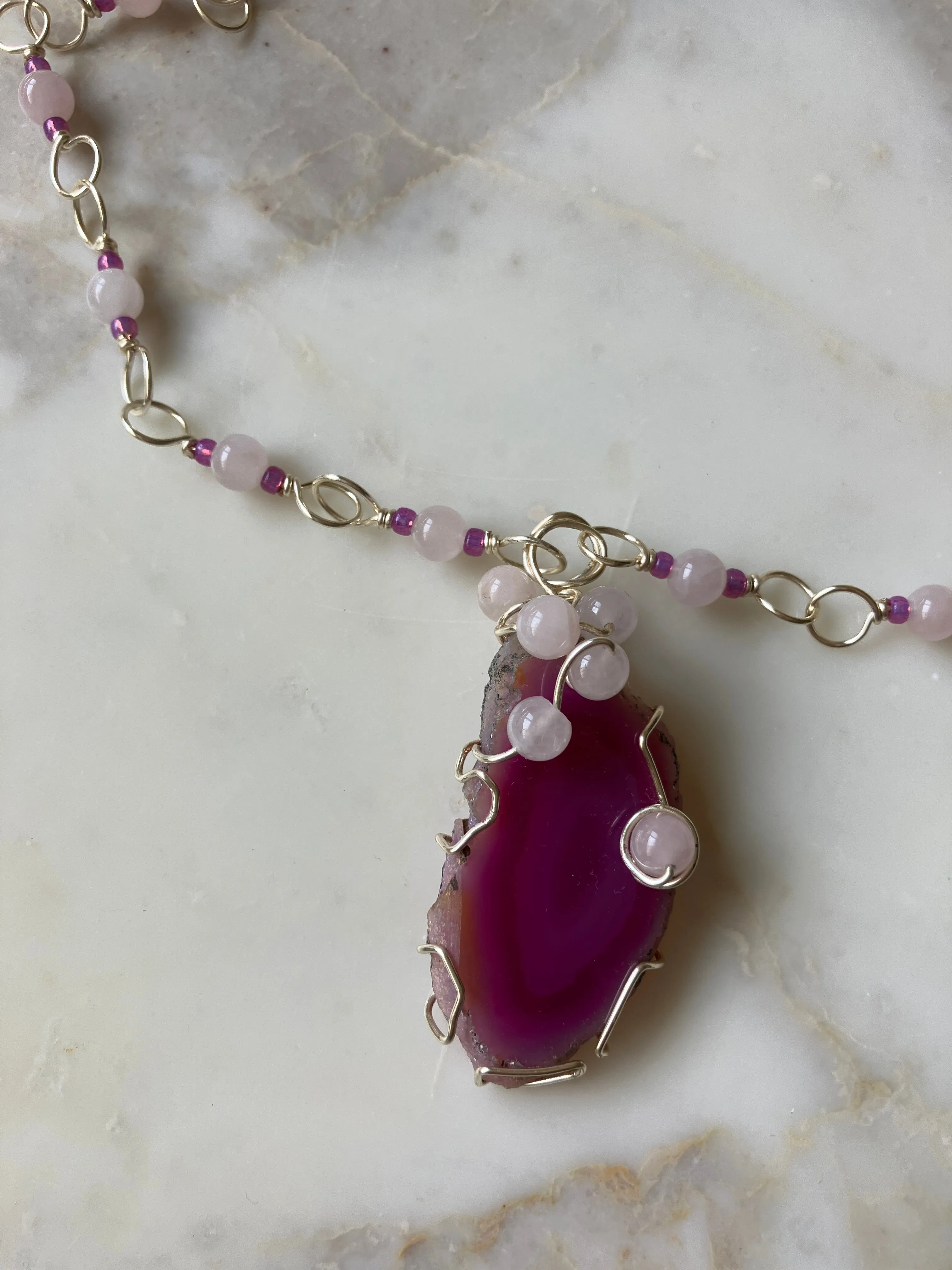 Brazilian Agate and Rose Quartz Pendant with Rose Quartz Wire Wrapped Necklace