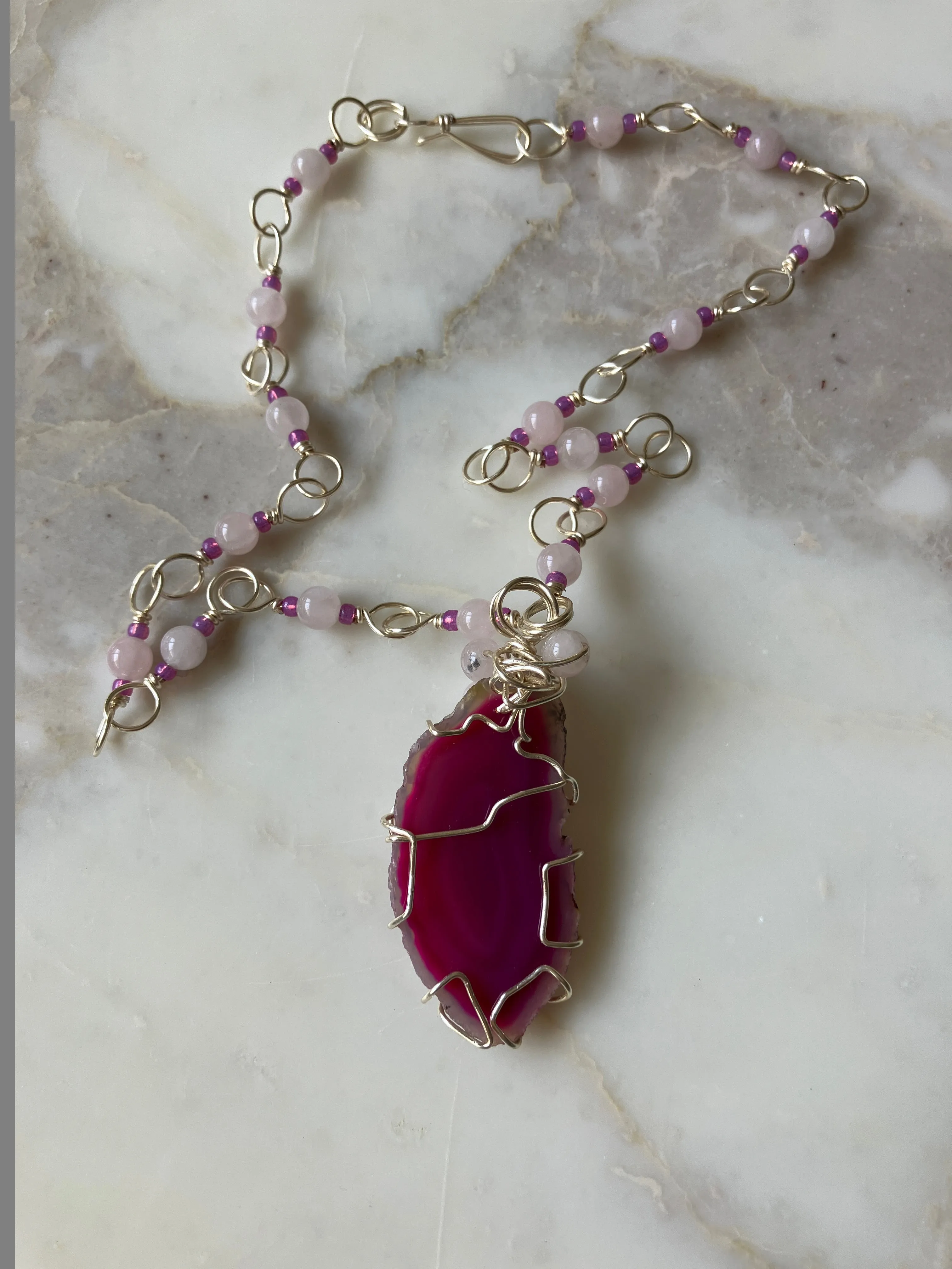 Brazilian Agate and Rose Quartz Pendant with Rose Quartz Wire Wrapped Necklace
