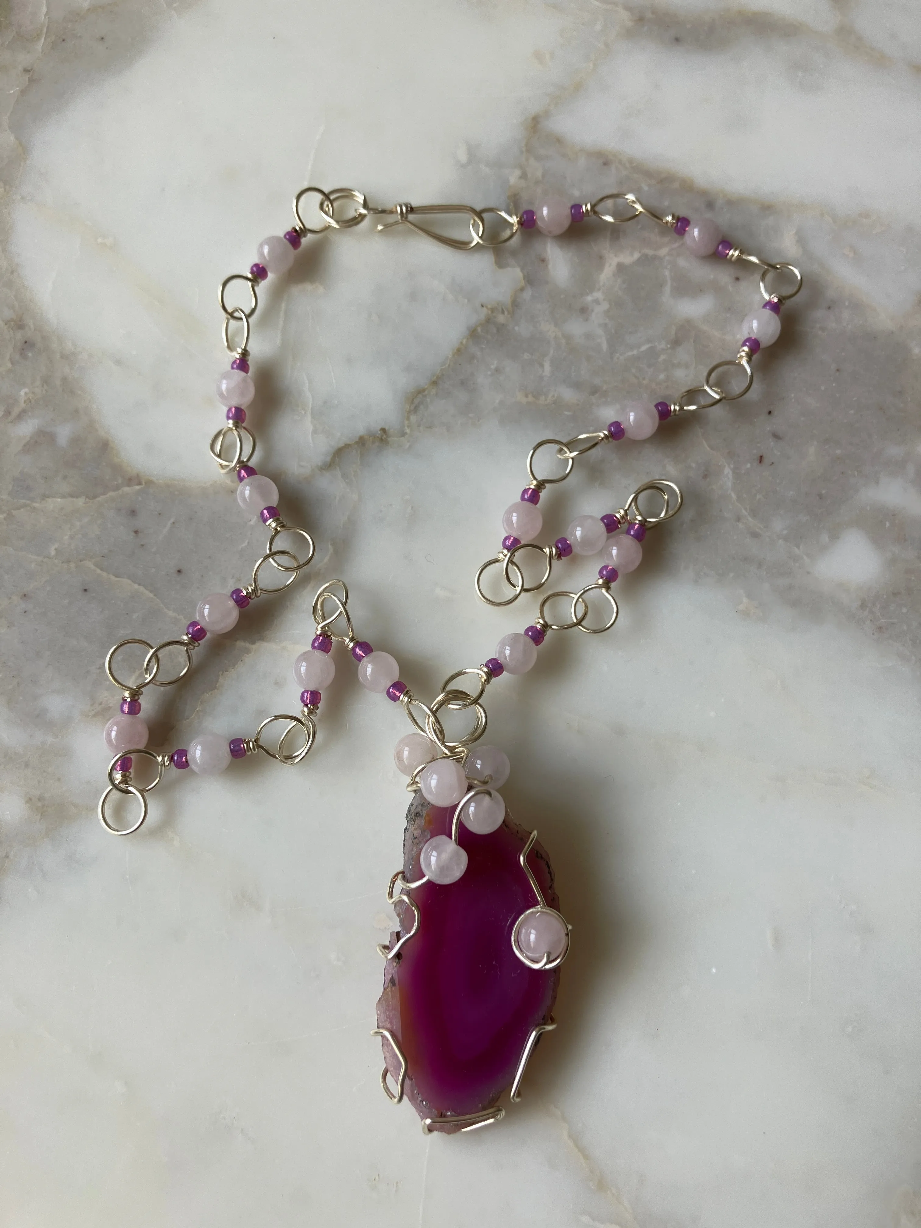 Brazilian Agate and Rose Quartz Pendant with Rose Quartz Wire Wrapped Necklace