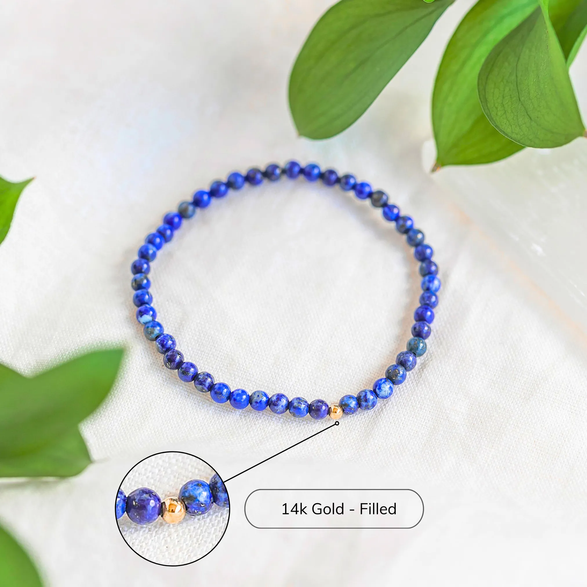 Brilliant Blue Lapis Lazuli Healing Crystal Energy Bracelet with Natural 4mm Gemstones and Hypoallergenic 14k Gold Filled Bead