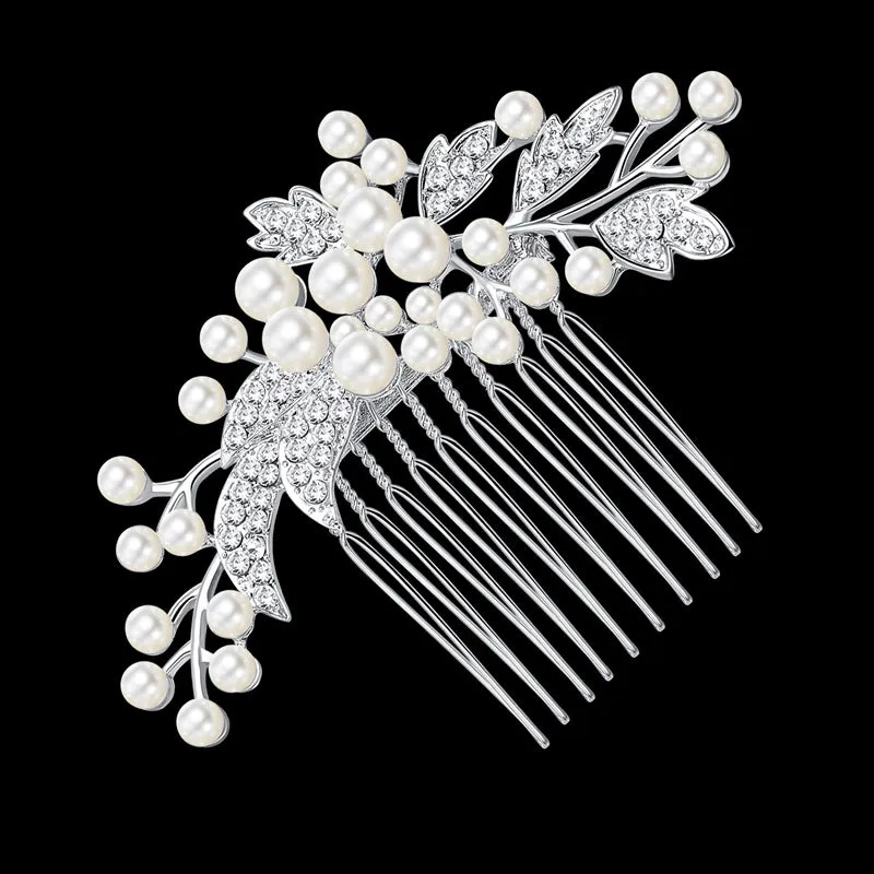 Crystal Leaf and Pearl Hair Comb