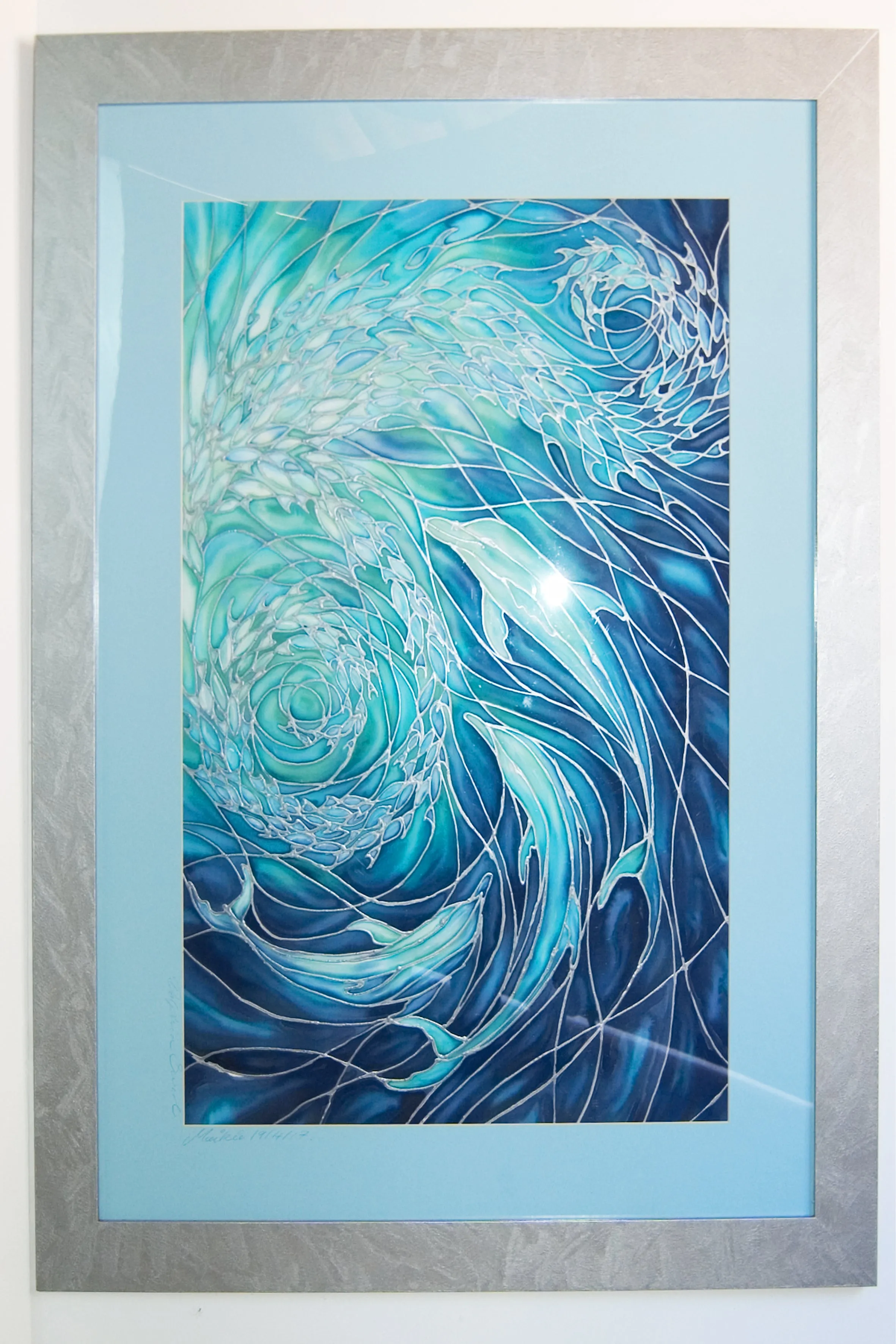 Dolphin Swirl Signed Print - Sea Life Art Print - Blue Aqua Dolphin Print - Bathroom Art