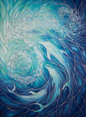 Dolphin Swirl Signed Print - Sea Life Art Print - Blue Aqua Dolphin Print - Bathroom Art