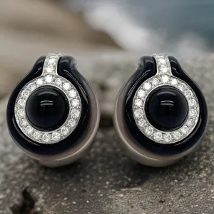 Estate Onyx and Diamond 18K Yellow Gold Earrings 03118