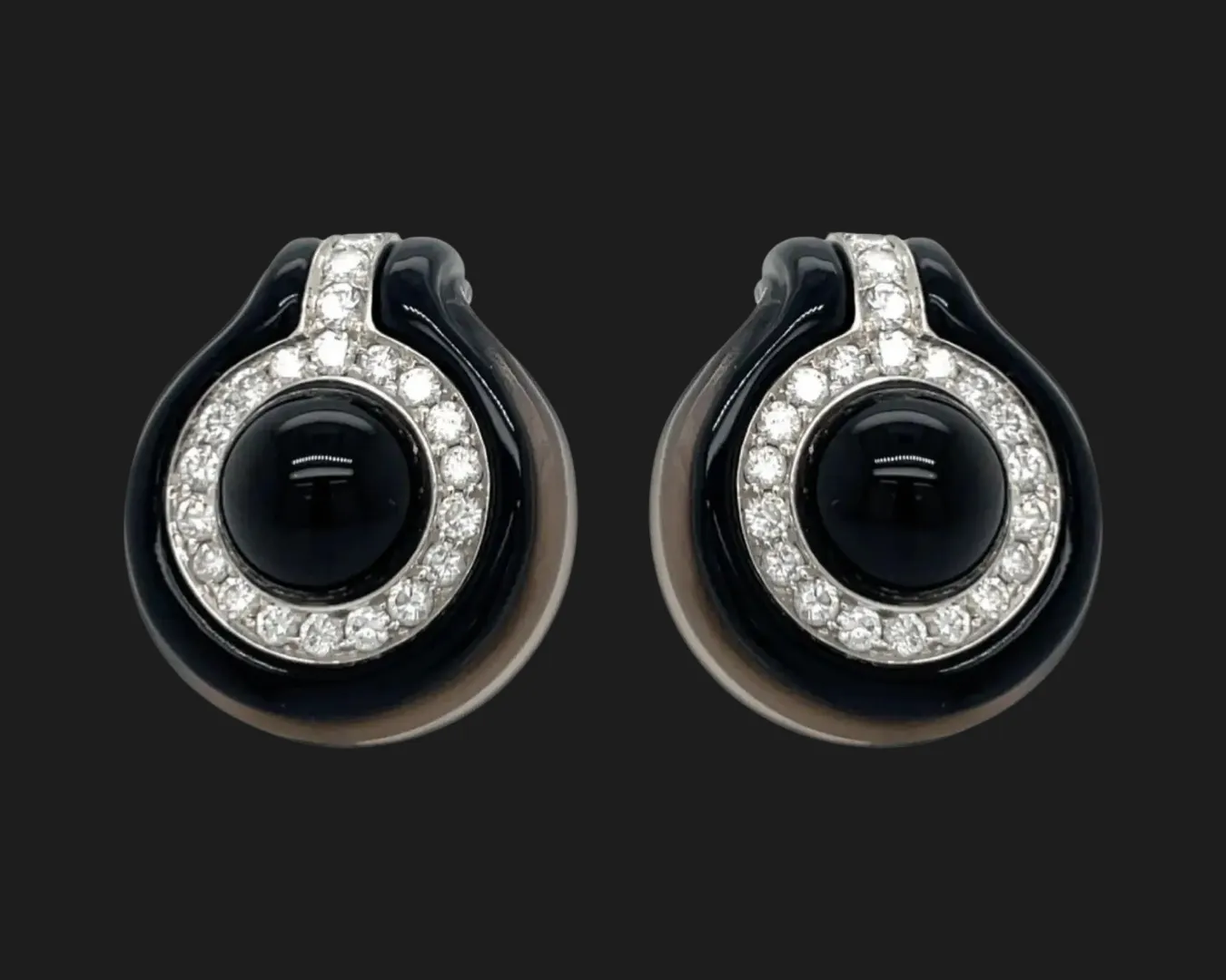 Estate Onyx and Diamond 18K Yellow Gold Earrings 03118