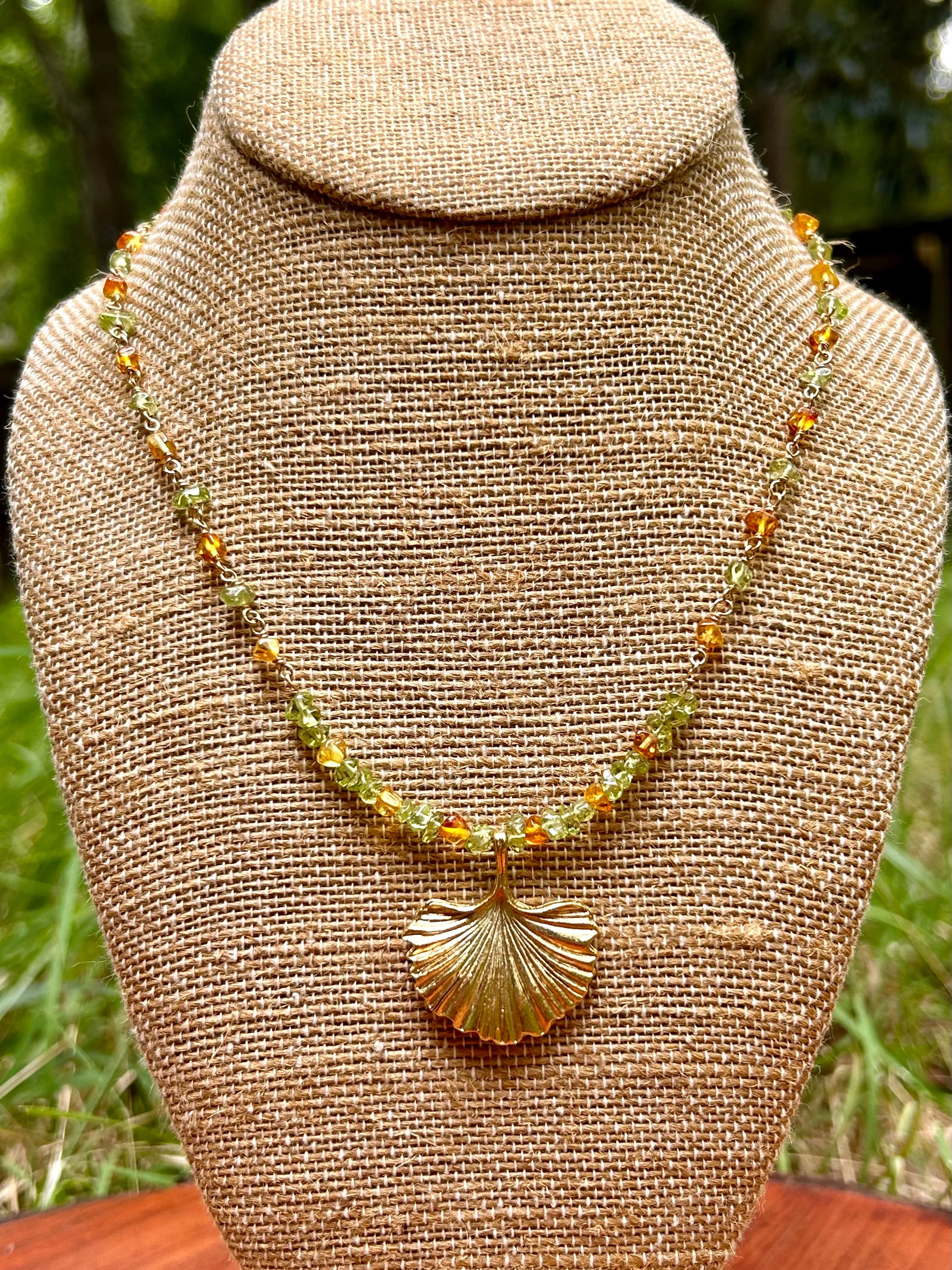 Ginkgo Leaf with Peridot & Amber 14k Gold Fill Chain Link Gemstone Wire Wrapped Necklace