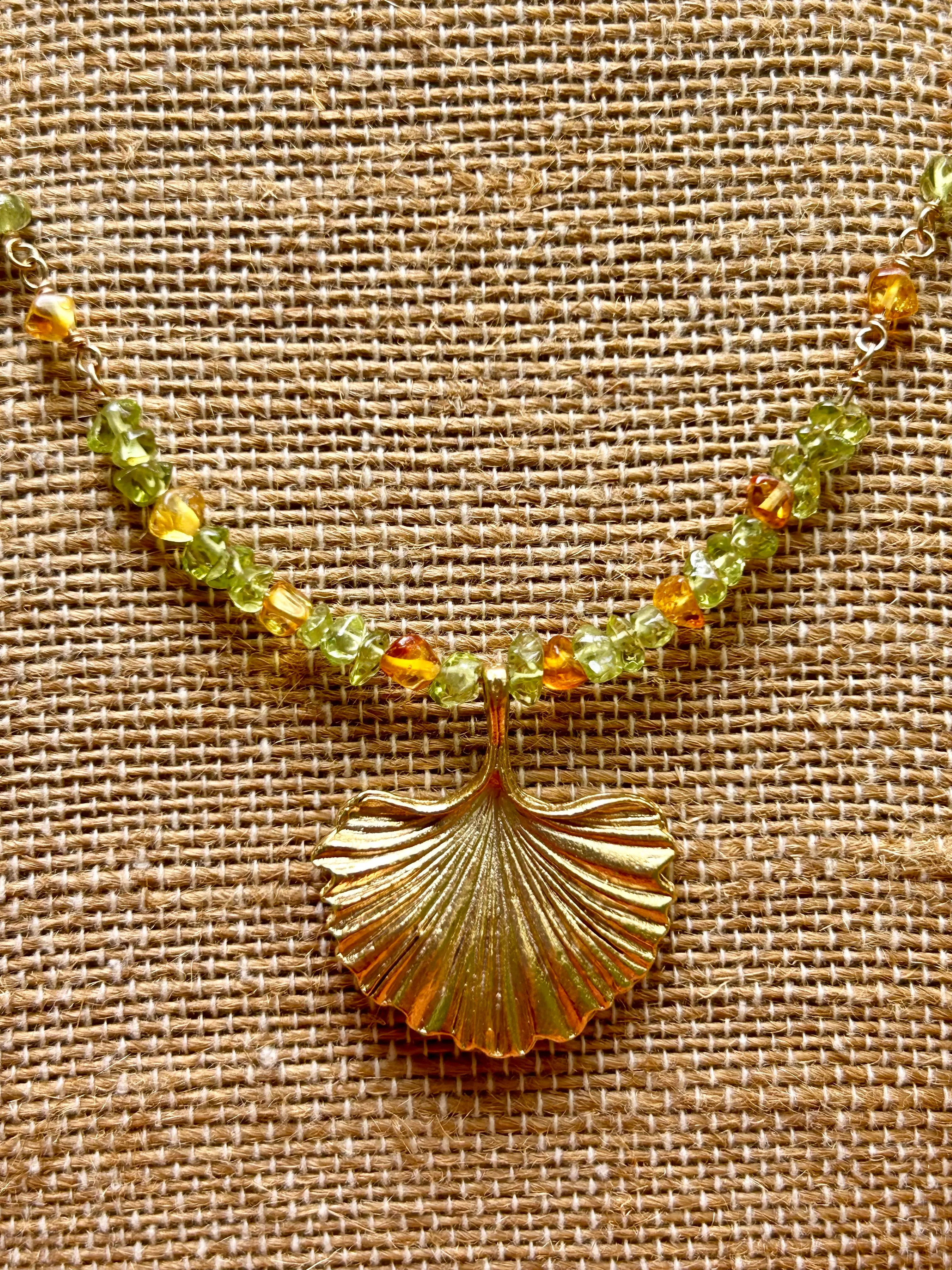Ginkgo Leaf with Peridot & Amber 14k Gold Fill Chain Link Gemstone Wire Wrapped Necklace