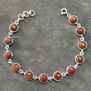 Golden Sunstone Round Silver Bracelet