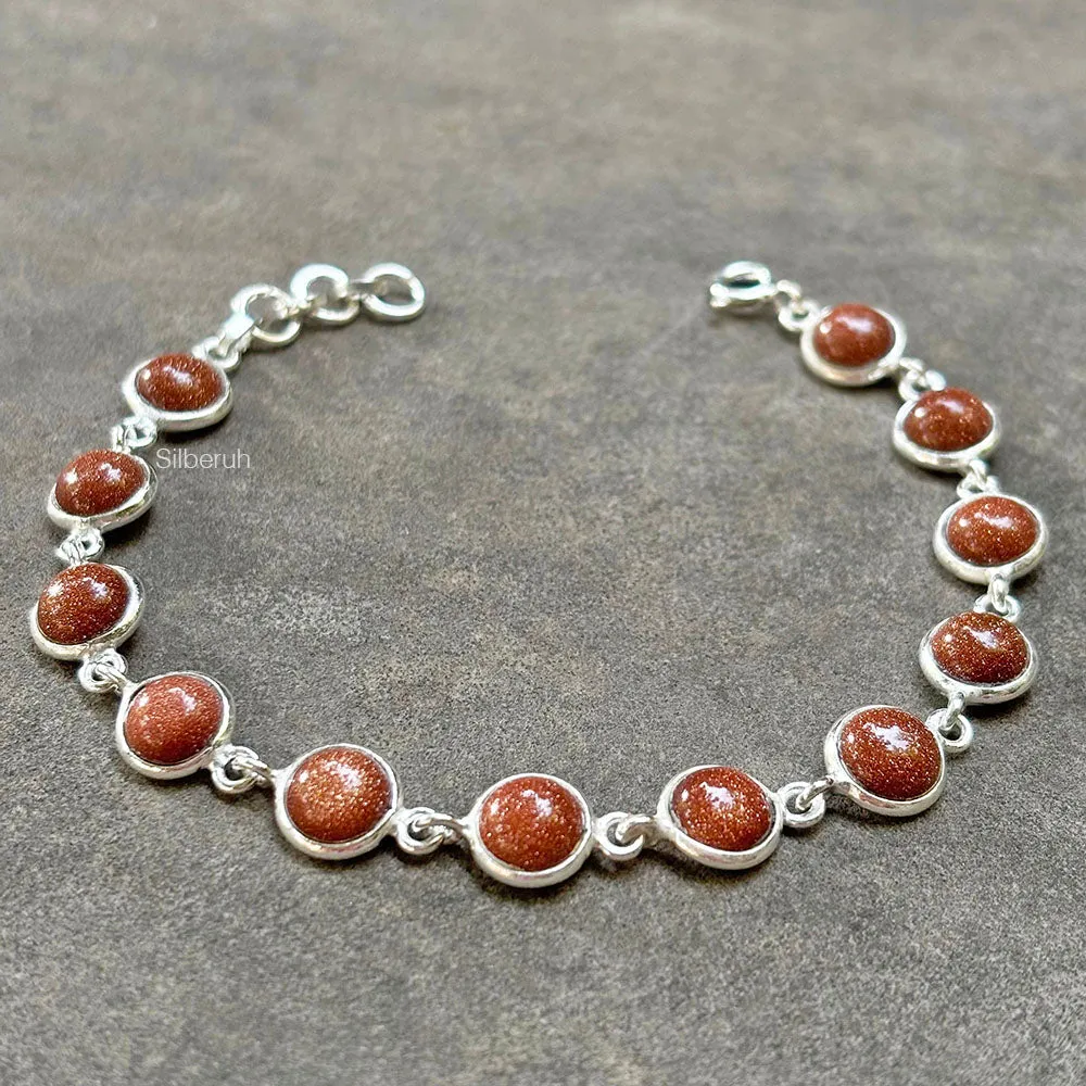 Golden Sunstone Round Silver Bracelet