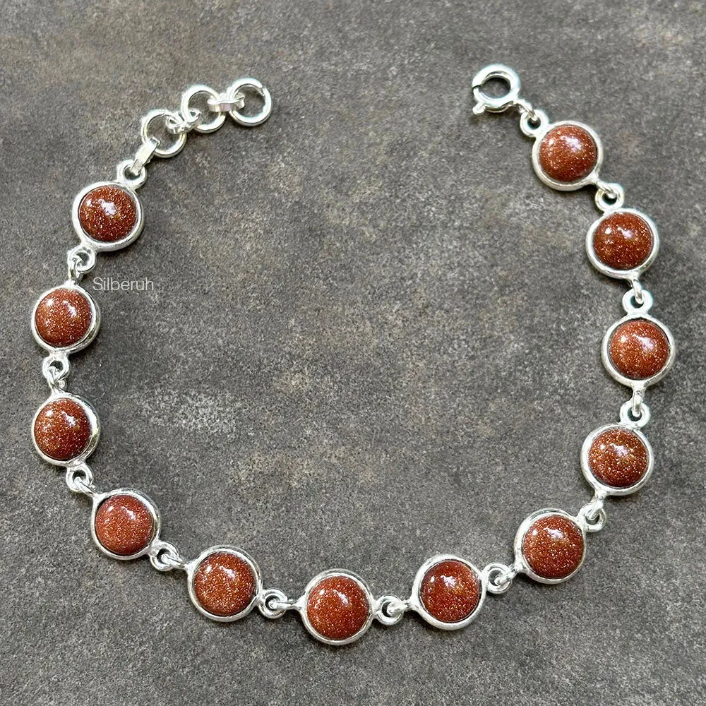 Golden Sunstone Round Silver Bracelet