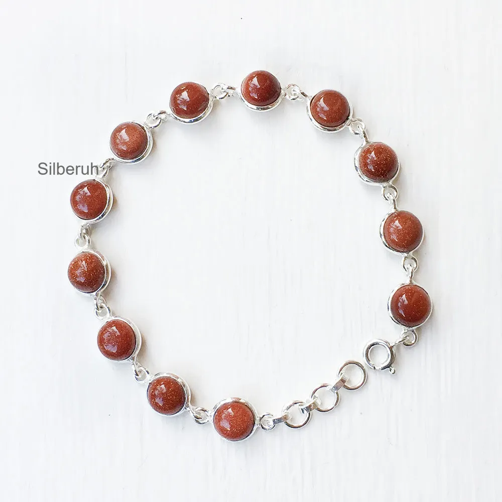Golden Sunstone Round Silver Bracelet