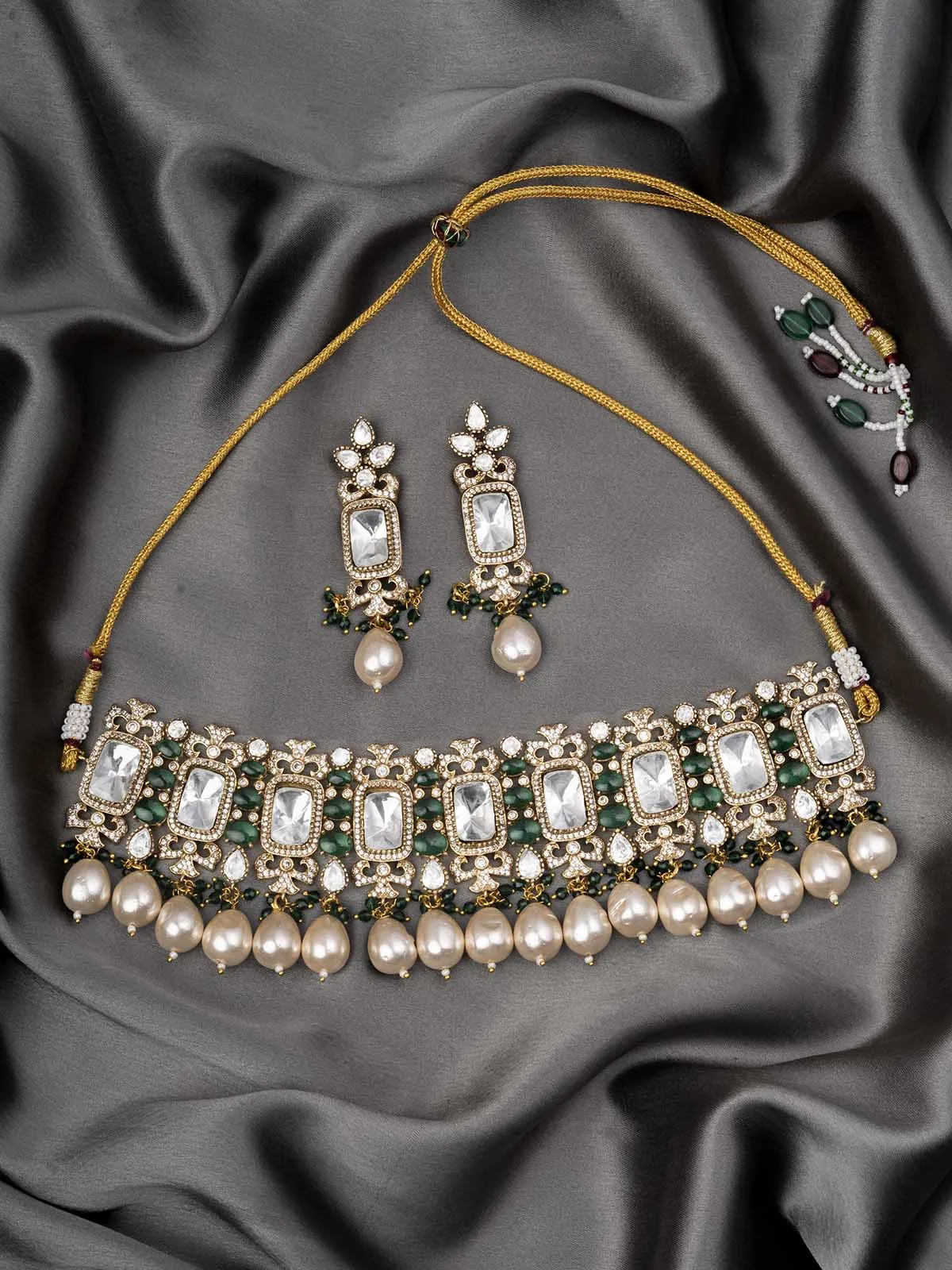 Green Color Gold Plated Faux Polki Necklace Set - PK-S119A
