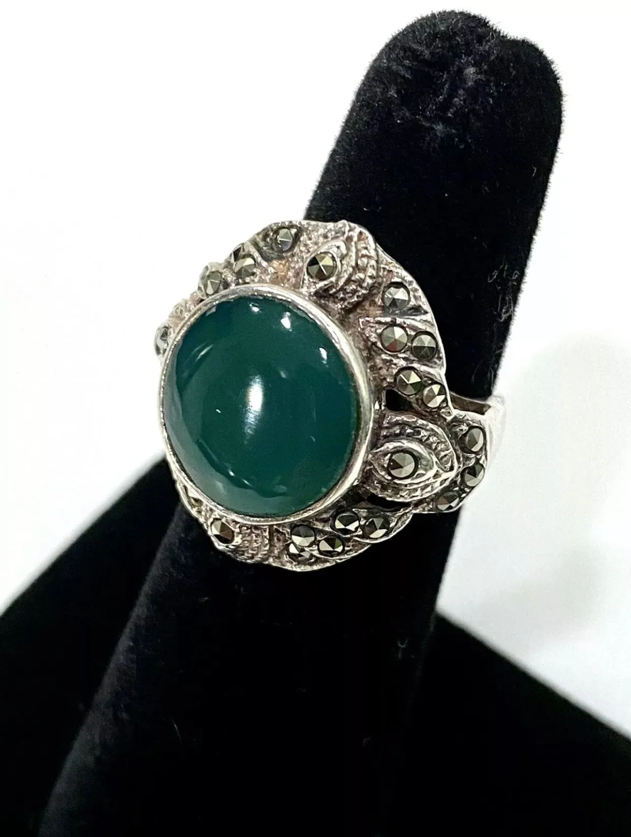 Green Onyx And Marquisite Sterling Silver Ring