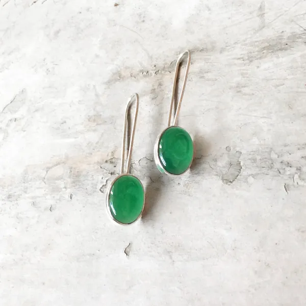 Green Onyx Long Hook Silver Earring