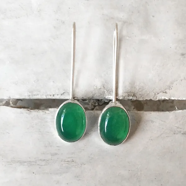 Green Onyx Long Hook Silver Earring