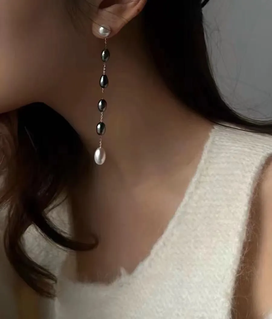 Iridescent Pearl Two-Tone Long Dangle Earrings