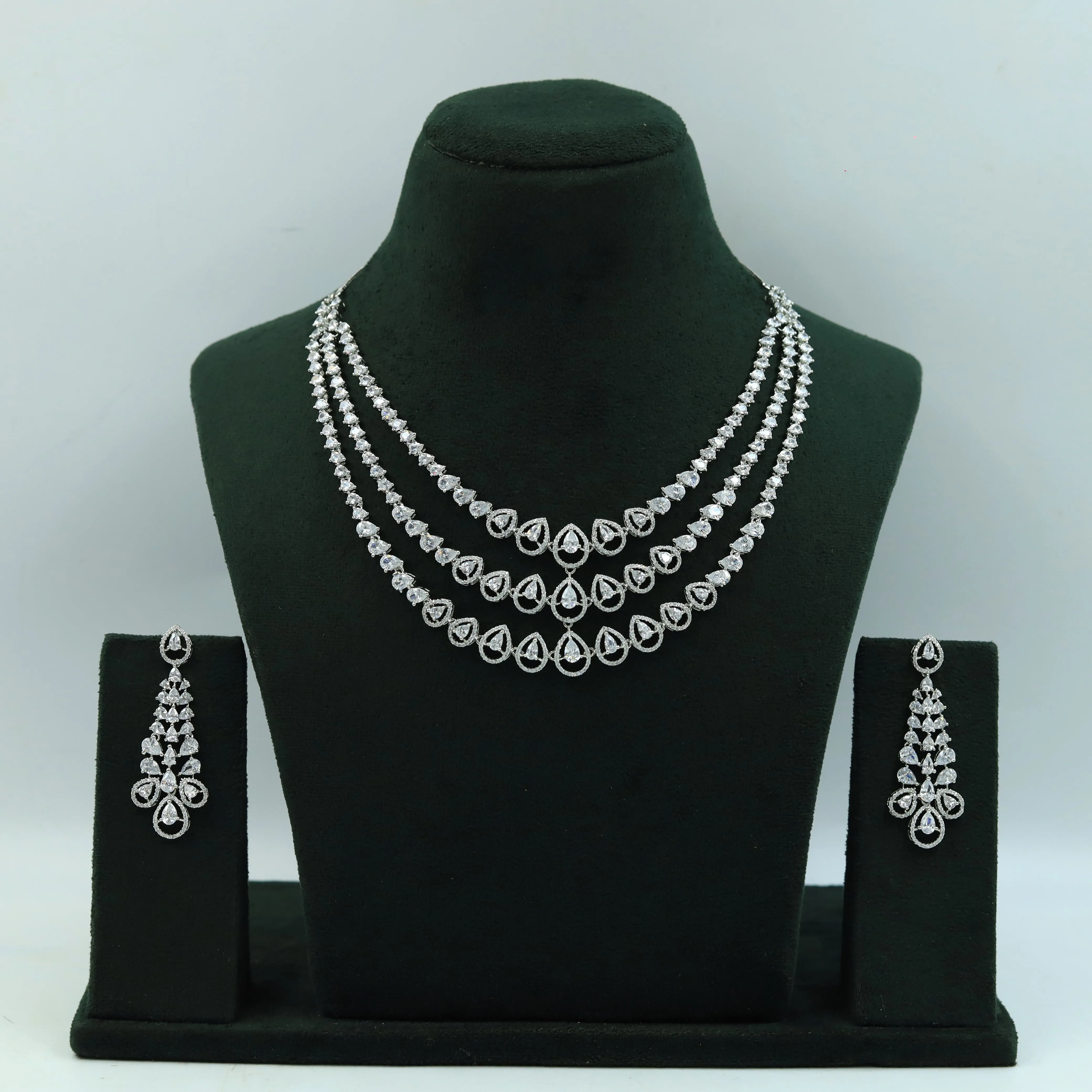 Layered Round Neck Zircon/AD Necklace Set 16216-69