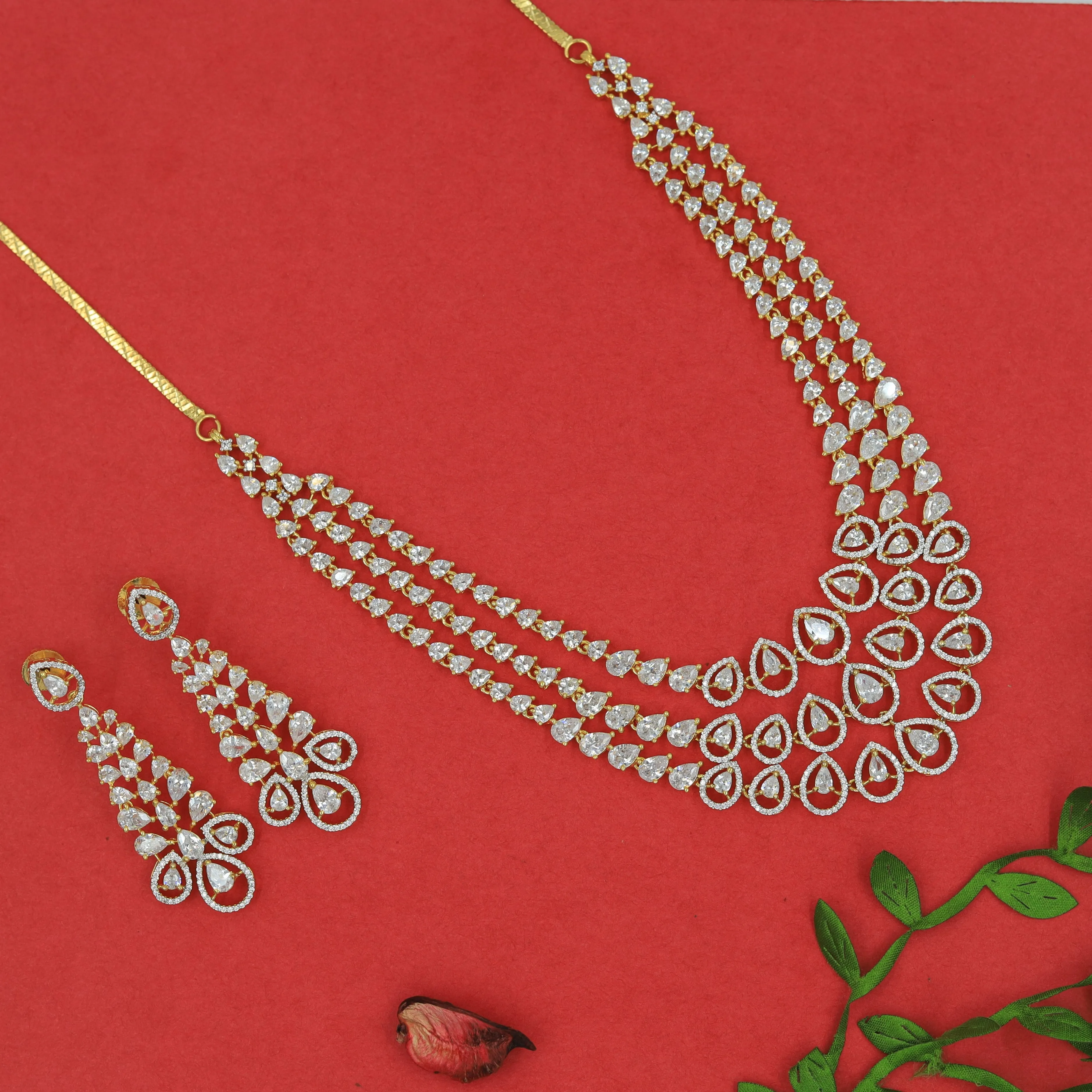 Layered Round Neck Zircon/AD Necklace Set 16216-69