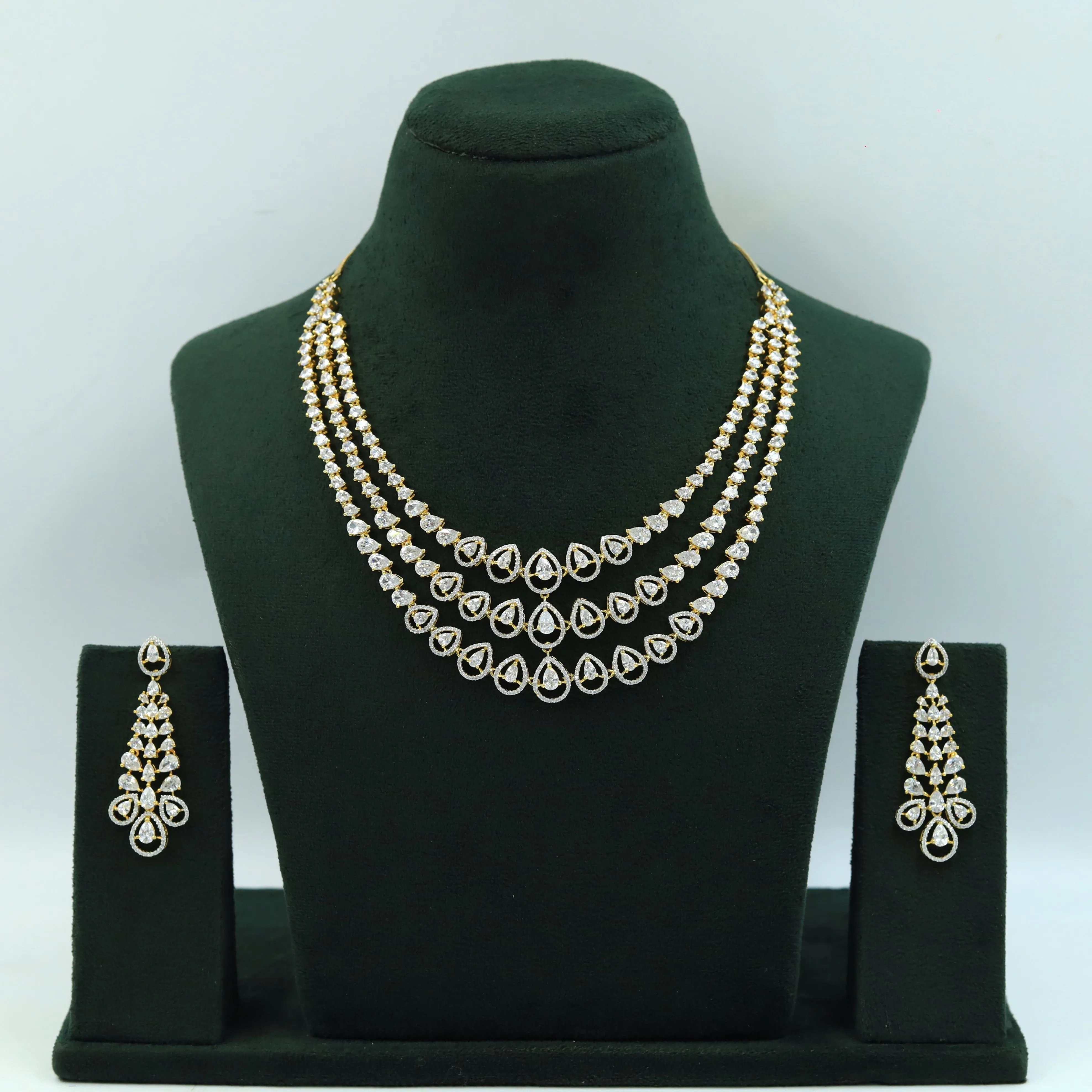 Layered Round Neck Zircon/AD Necklace Set 16216-69