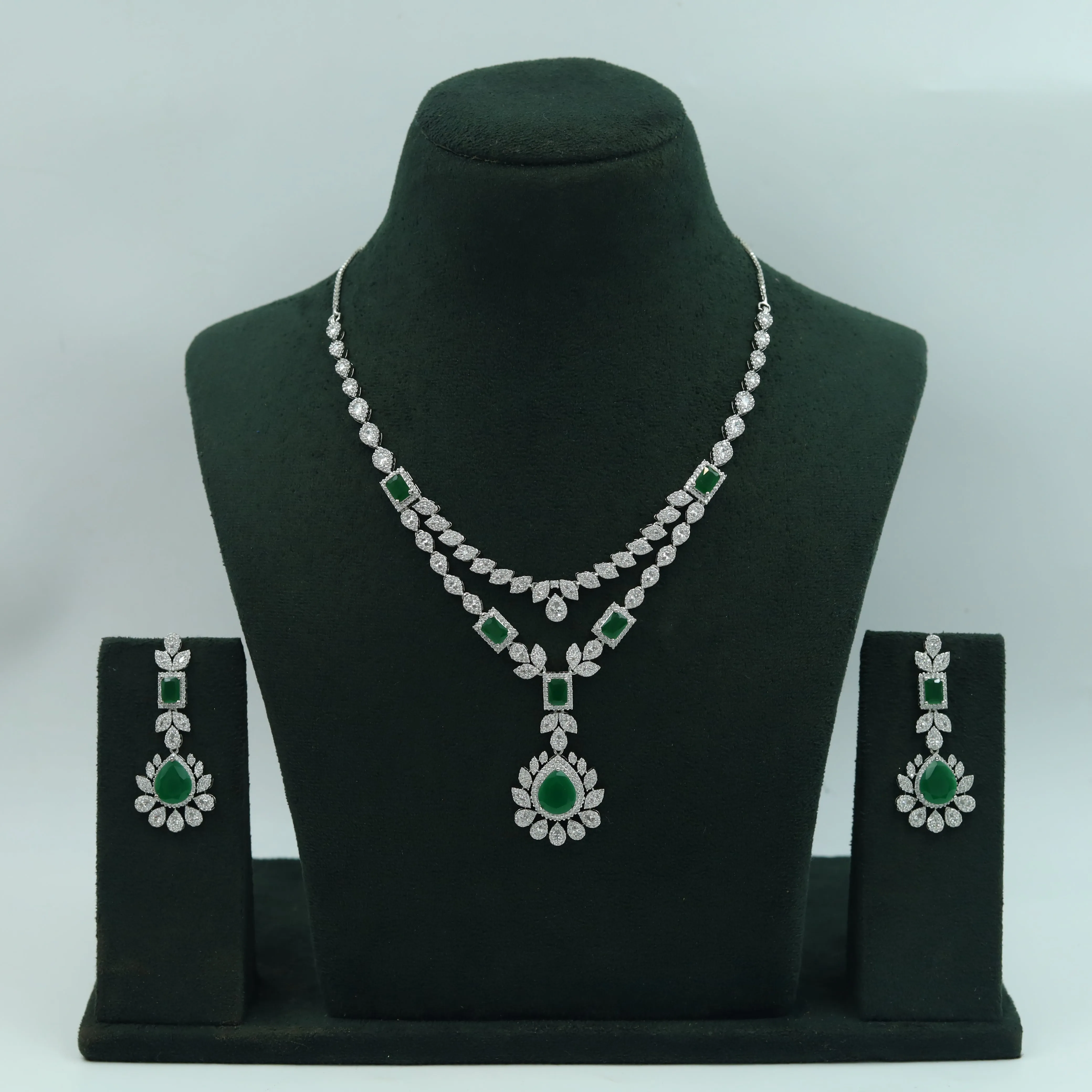 Layered Round Neck Zircon/AD Necklace Set 16219-69