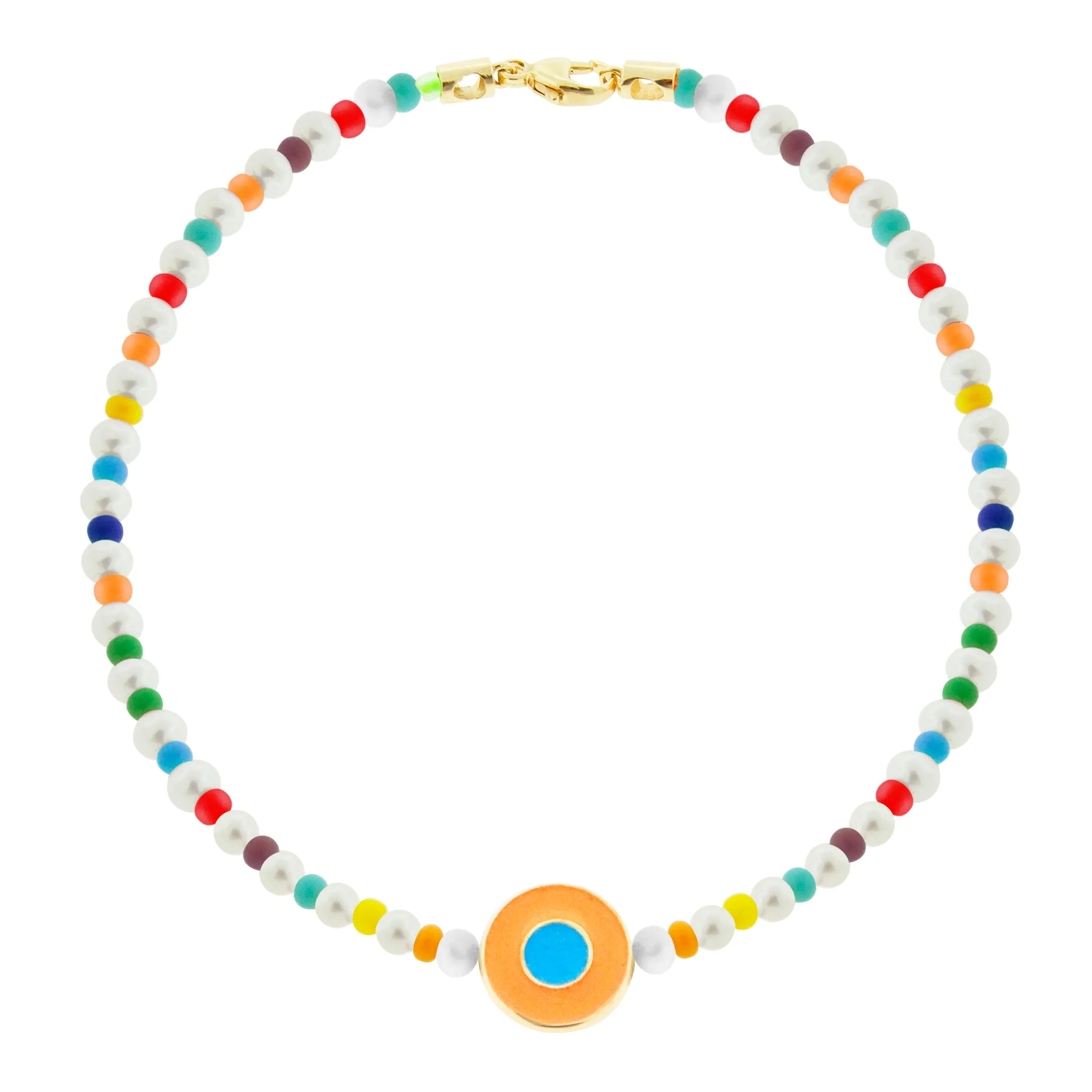Neon Orange Enameled Evil Eye Disk Beaded Bracelet with Clasp