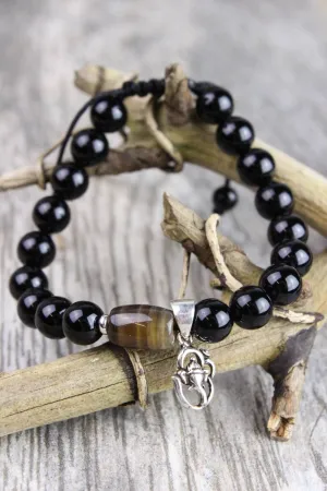 Onyx Wrist Mala with Sterling Silver Ganesh Charm