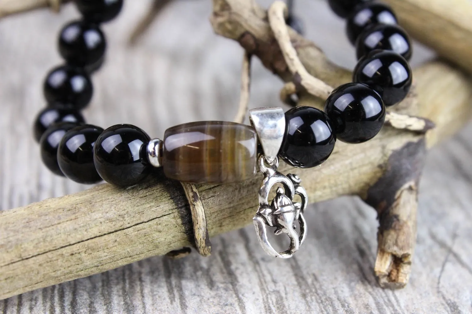 Onyx Wrist Mala with Sterling Silver Ganesh Charm