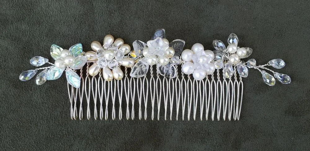 OOAK Handmade Bridal Veil Comb with Hand-wired Czech Glass Flowers and Leaves and Pearls