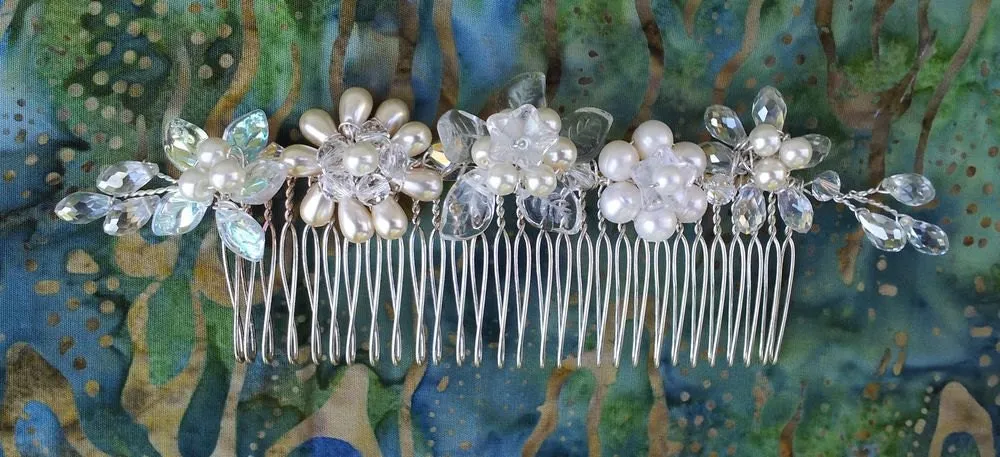 OOAK Handmade Bridal Veil Comb with Hand-wired Czech Glass Flowers and Leaves and Pearls
