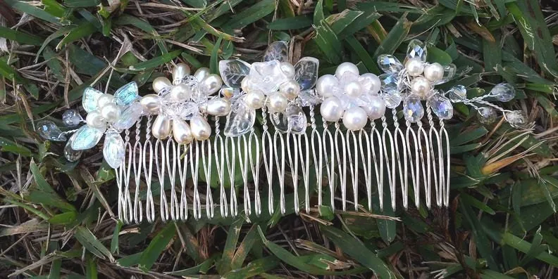 OOAK Handmade Bridal Veil Comb with Hand-wired Czech Glass Flowers and Leaves and Pearls