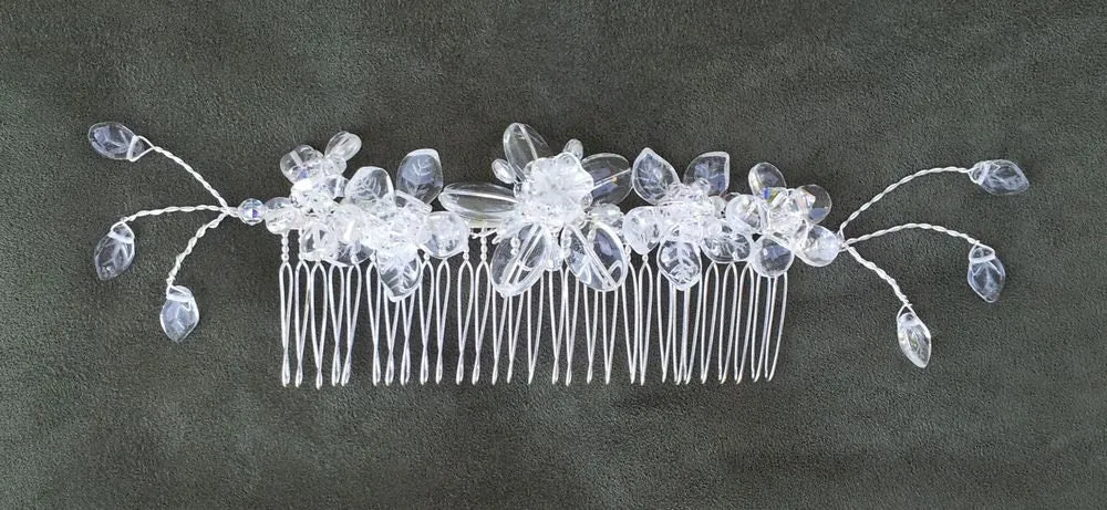 OOAK Handmade Bridal Veil Comb with Hand-wired Czech Glass Flowers and Leaves - No AB Glass