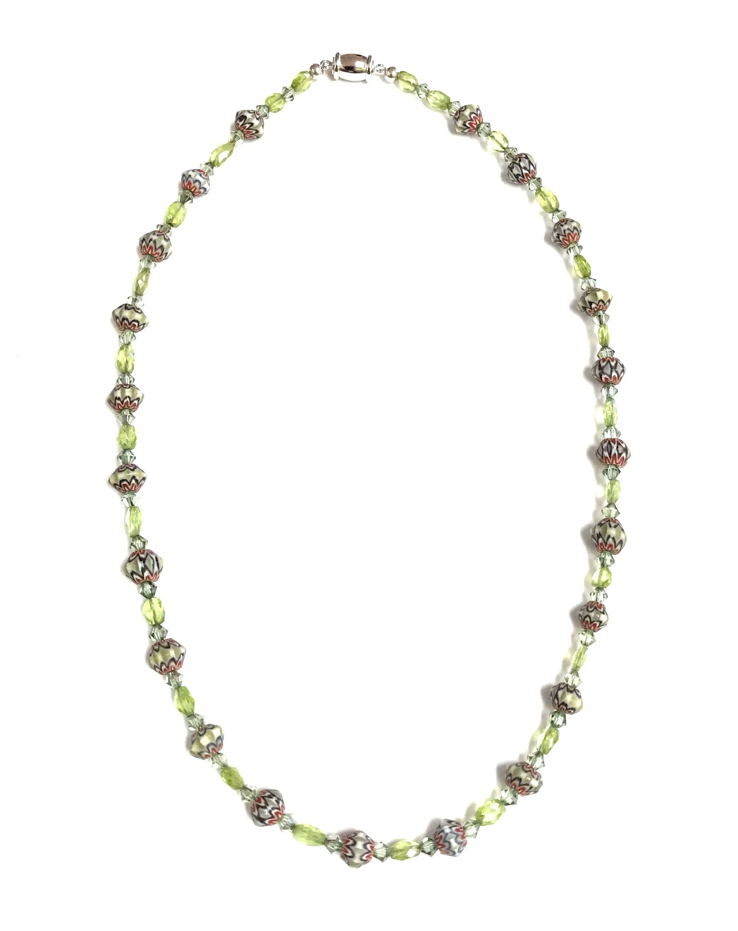 Rare Chevron Glass, Swarovski and Peridot necklace!